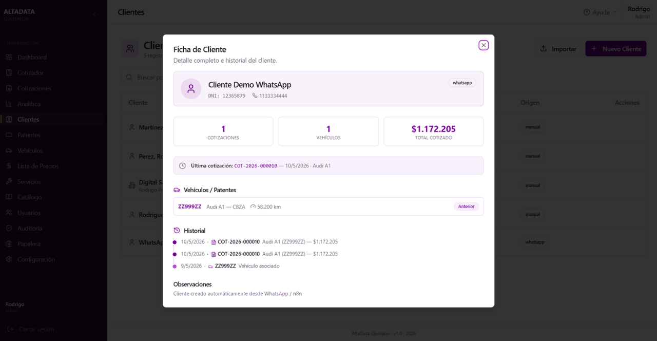 Ficha de cliente con datos, vehículos, cotizaciones e historial.
