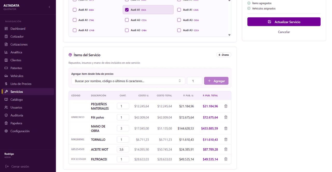 Tabla de ítems de servicio con repuestos, insumos, mano de obra, costos y precios.